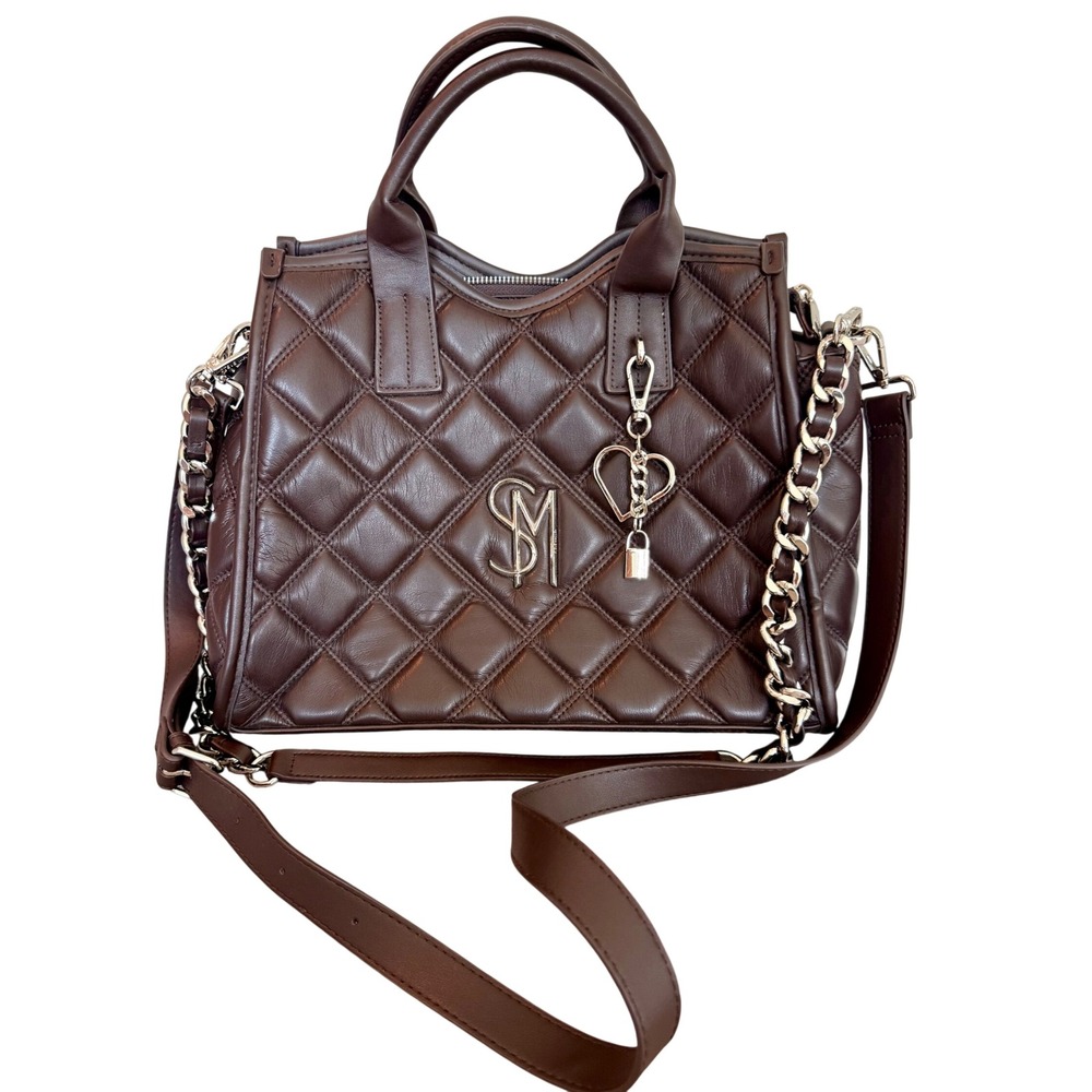 Steve Madden Brown Quilted Satchel SM Logo Crossbody Bag with Heart Charm